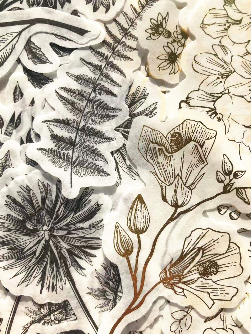 DESEACO Vintage Zen Botany Flower Washi Sticker Pack, Artsy Natural Black-and-White Plants with Golden Sketch Decals Collection, Wild Plants Gray and Gold Set â€“ 120 Pcs - Image 2